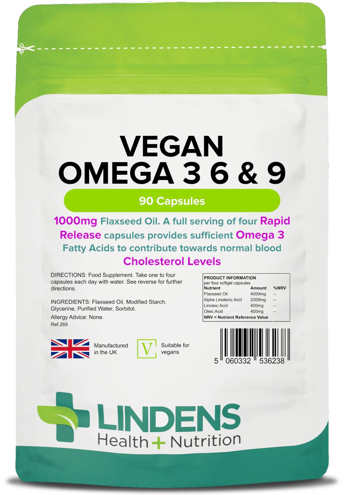 Lindens Vegan Omega 3 6 & 9 - 1000mg Flaxseed Oil - 90 Capsules