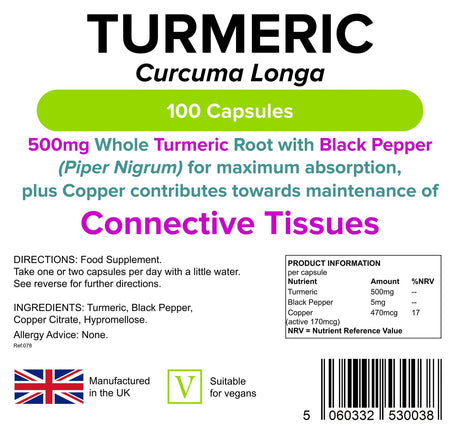Lindens Turmeric and Black Pepper - 500mg Curcumin - 100 Capsules