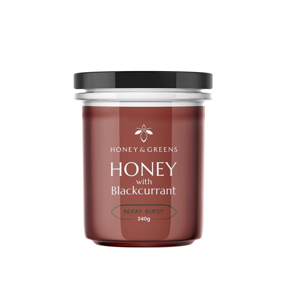 Honey and Greens  British Spring Honey Infused with Natural Blackcur 240g
