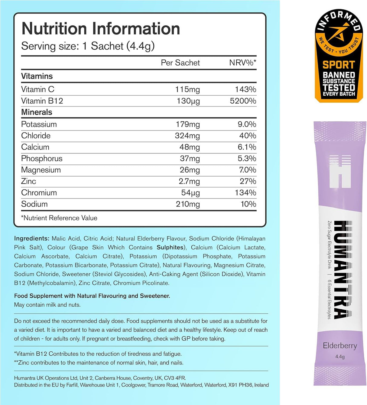 Humantra Electrolyte Powder Elderberry 20 Sachets - Hydration Drink Mix with 6 Electrolytes, Vegan, Sugar Free, Gluten Free