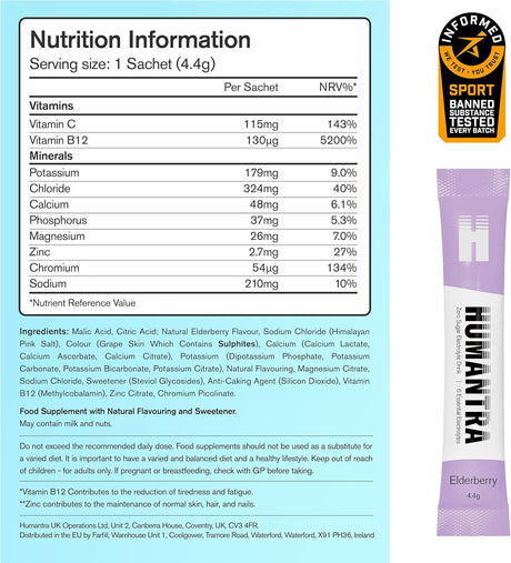 Humantra Electrolyte Powder Elderberry 20 Sachets - Hydration Drink Mix with 6 Electrolytes, Vegan, Sugar Free, Gluten Free