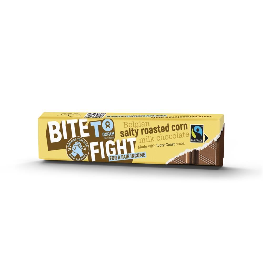 Oxfam Fair Trade BITE TO FIGHT Milk Choc Salty Roasted Corn 45g - 35 Pack