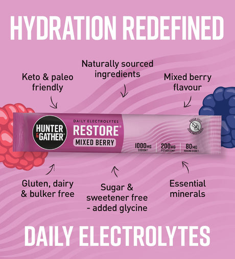 Hunter & Gather Restore Mixed Berries Electrolyte Sachets 30 x 5.8g per pack