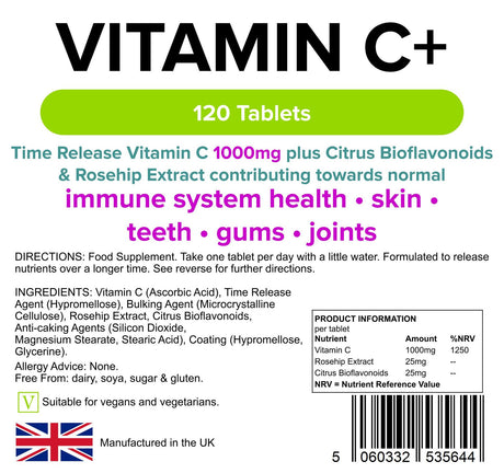 Lindens Vitamin C+ 1000mg - with Rosehip+Bioflavonoids - 120 Time Release Tablets