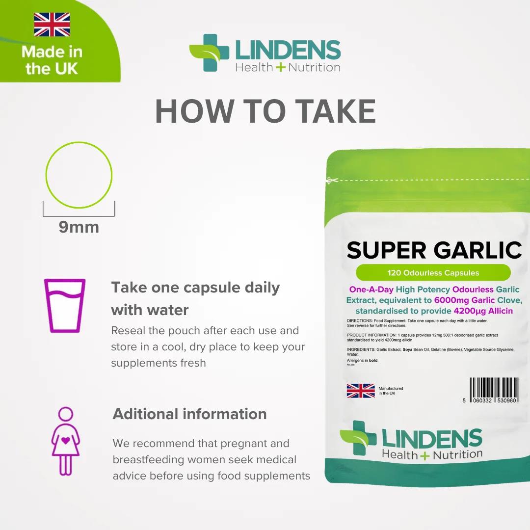 Lindens Garlic 6000mg - 120 Odourless Capsules (Super Garlic) - image 4