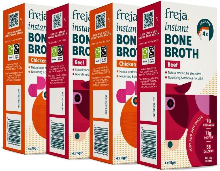 Freja Instant Bone Broth box of 4 x 15g Sachet - Beef and Chicken - 4 Pack