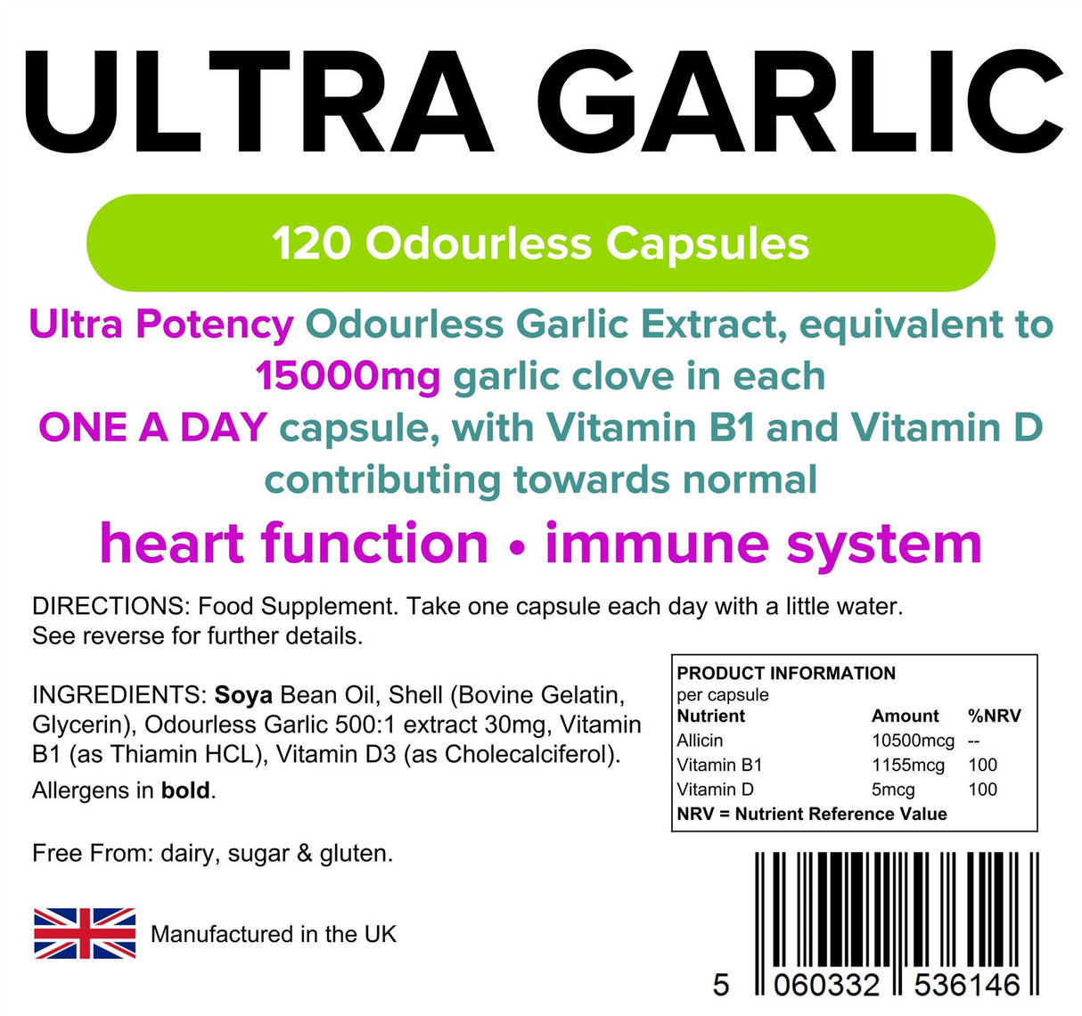 Lindens Garlic 15000mg - 120 Odourless Capsules (Ultra Garlic)
