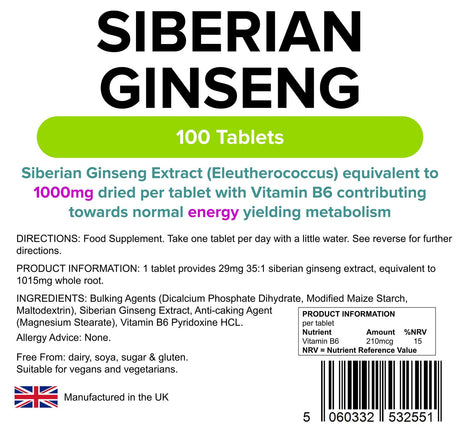 Lindens Siberian Ginseng 1000mg - 100 Tablets