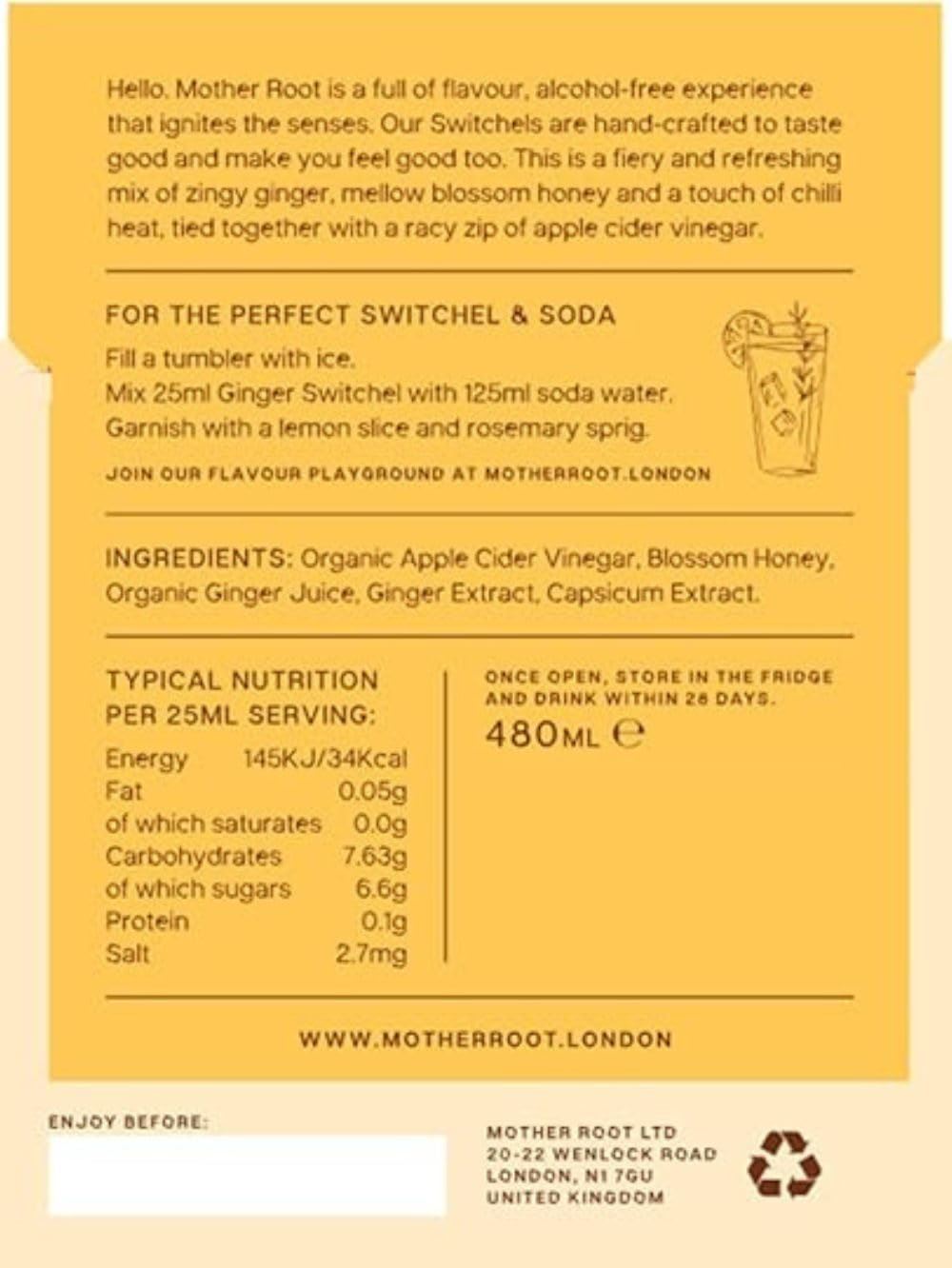 Mother Root Ginger Switchel Fiery & Fresh Alcohol-Free Aperitif 480ml