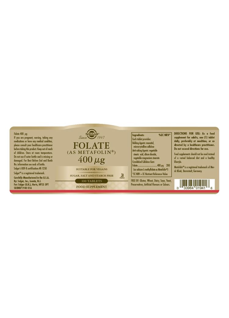 Solgar Folate (as Metafolin) 400 µg - 100 Tablets