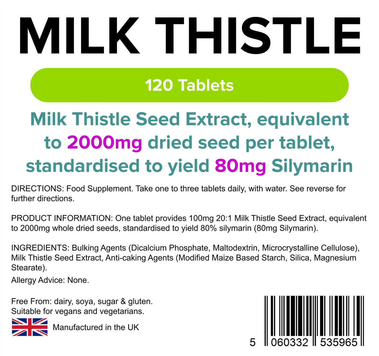 Lindens Milk Thistle 100mg  (eq 2000mg  seed) - 120 Tablets