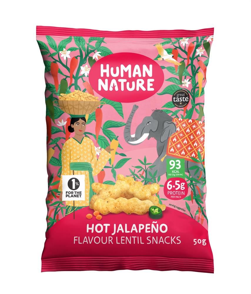 Human Nature Hot jalapeno and Lime Flavour Lentil Snacks 50g - 10 Pack