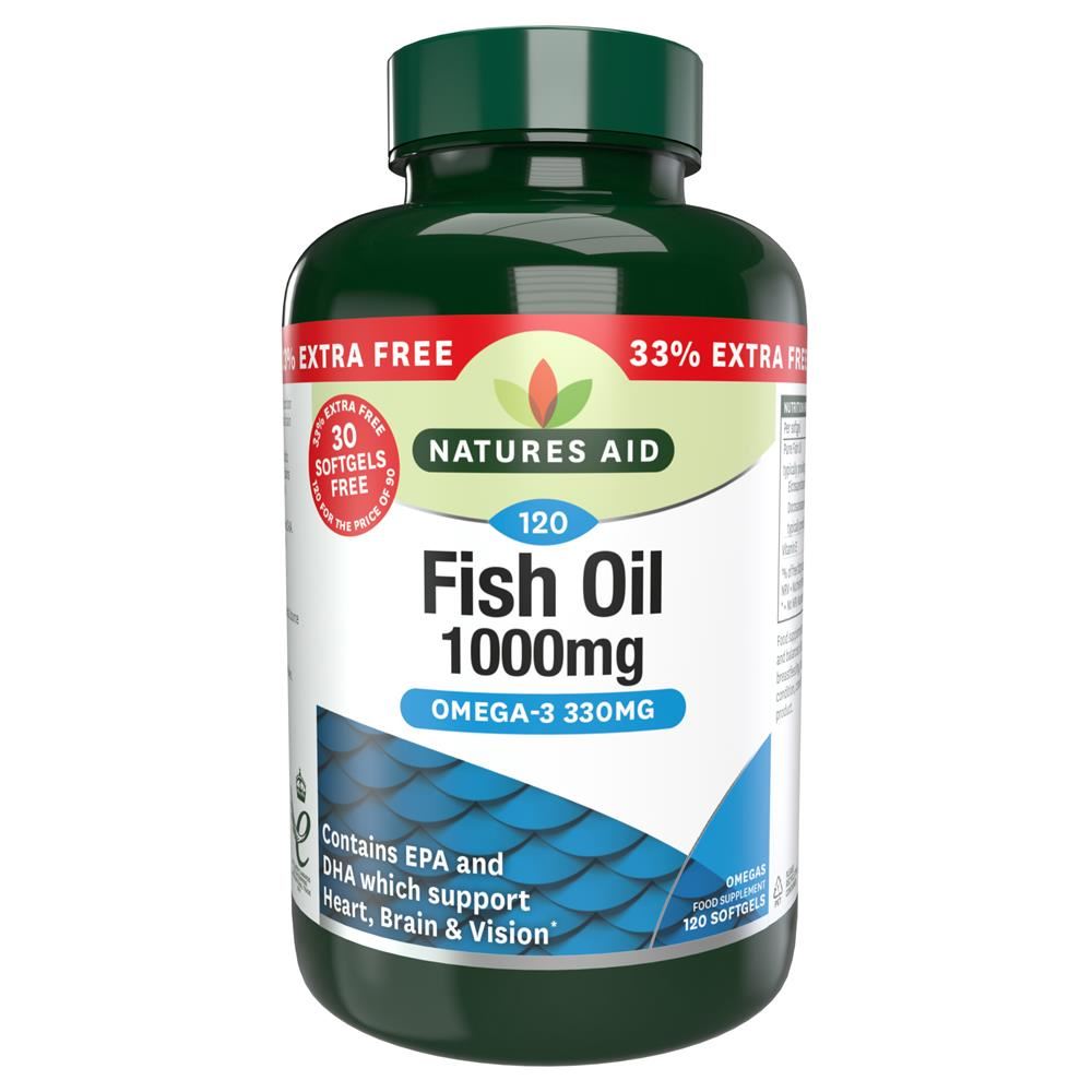 Natures Aid Promo Packs Fish Oil  Omega-3 1000mg 90 + 33% EXTRA FILL 120 Caps