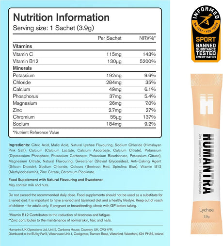 Humantra Electrolyte Powder Lychee 20 Sachets - Hydration Drink Mix with 6 Electrolytes, Vegan, Sugar Free, Gluten Free
