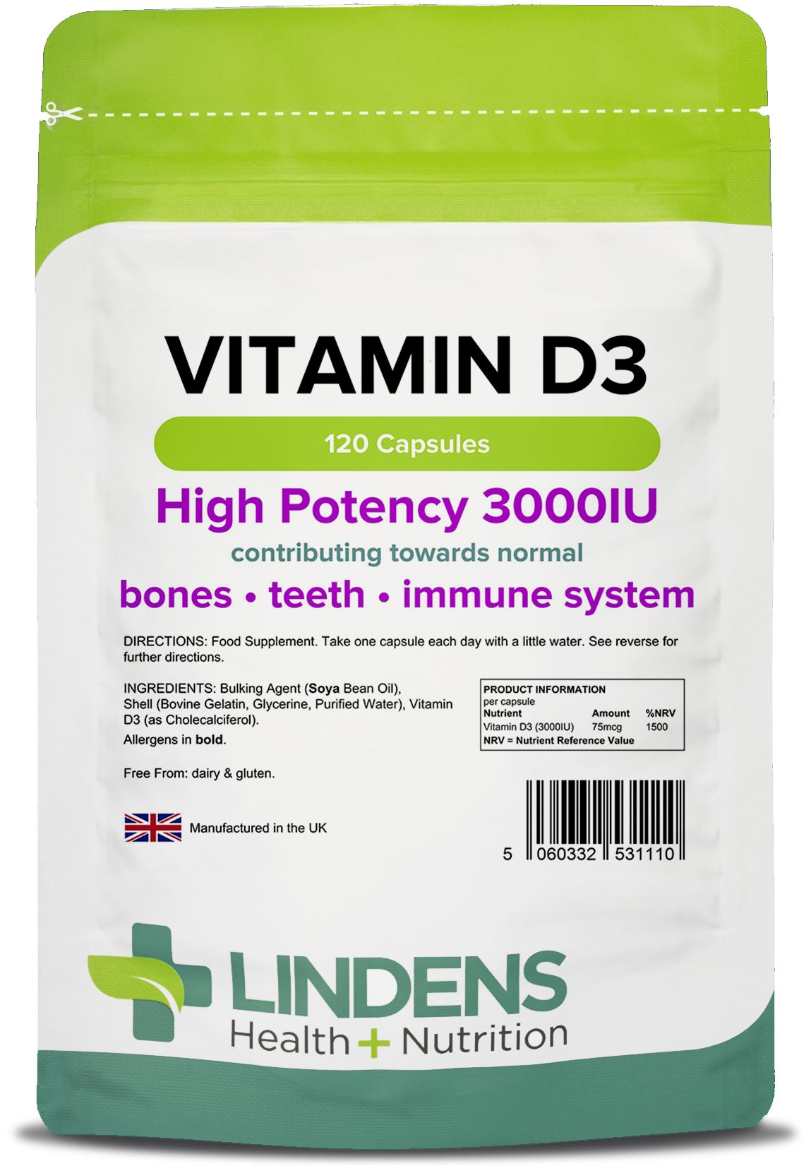 Lindens Vitamin D3 3000 IU - 120 Capsules