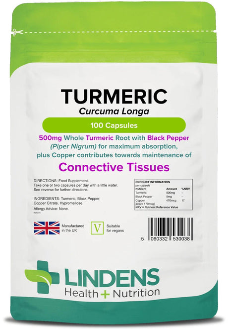 Lindens Turmeric and Black Pepper - 500mg Curcumin - 100 Capsules