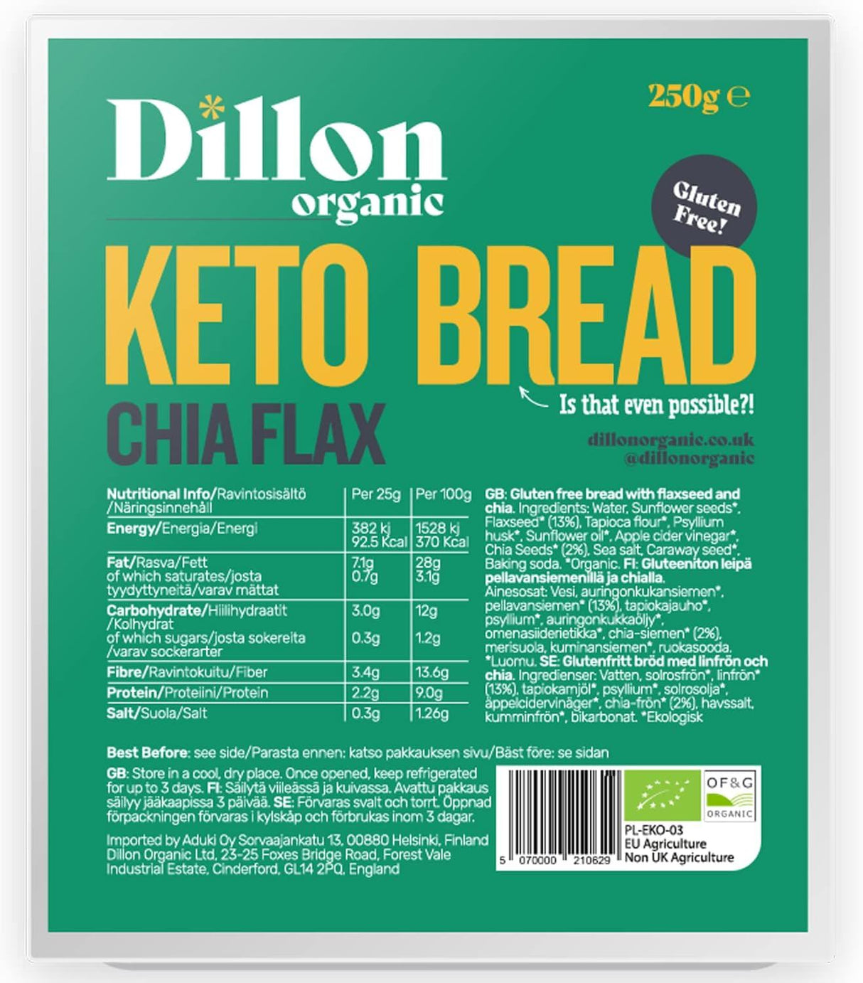 Dillon Organic Chia Flax Keto Bread 275g - Pack of 6