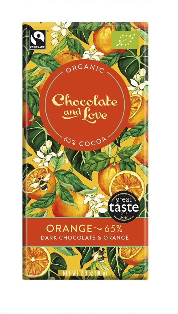 Chocolate and Love Vegan/Organic/Fairtrade Orange Dark Chocolate 65% 80g