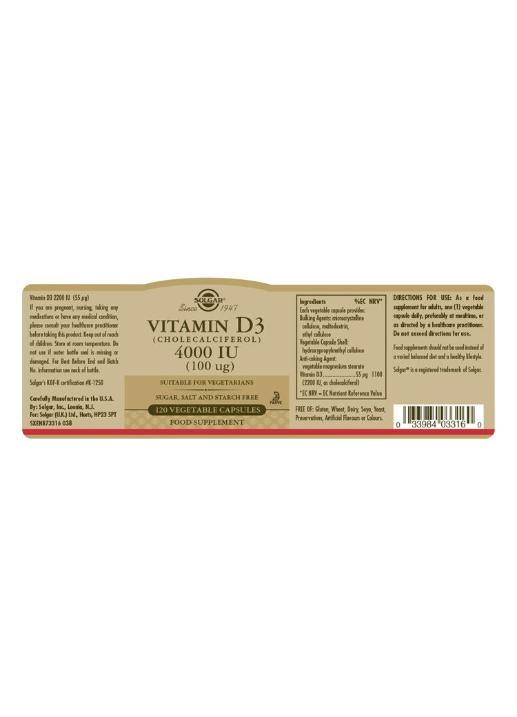 Solgar Vitamin D3 (Cholecalciferol) 4000 IU (100 µg) - 120 Vegicaps
