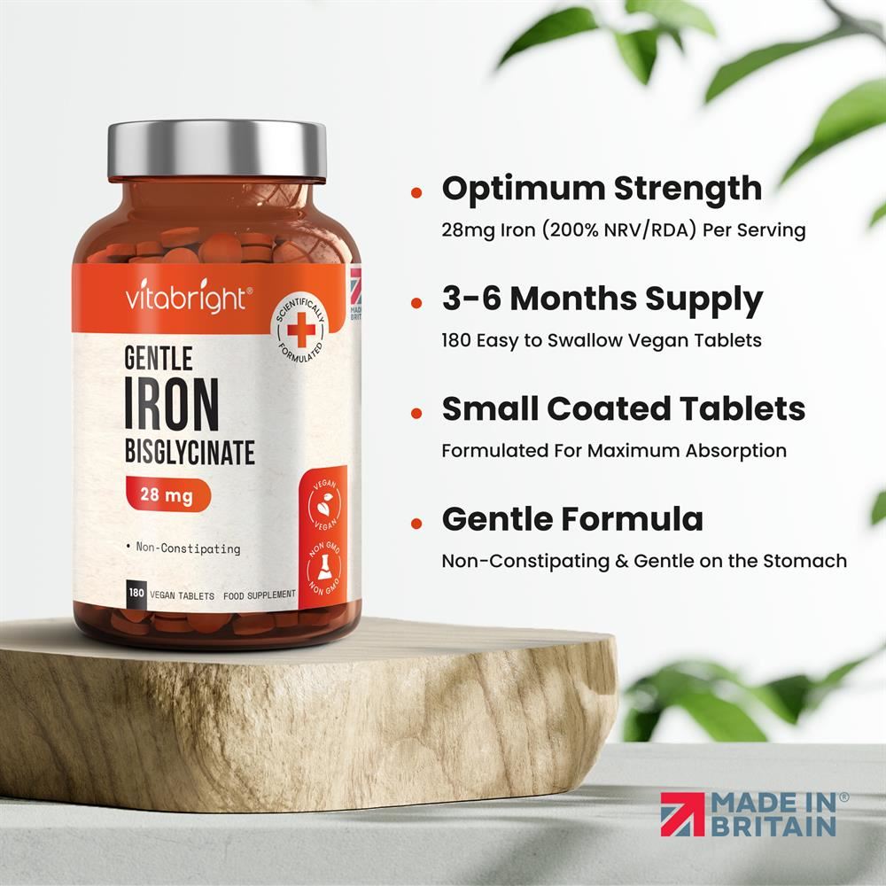 Vitabright Iron Bisglycinate - 28mg - 90 day supply 180 Tablets