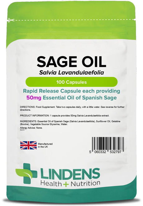 Lindens Sage Oil (Essential Oil of Spanish Sage 50mg) - 100 Capsules