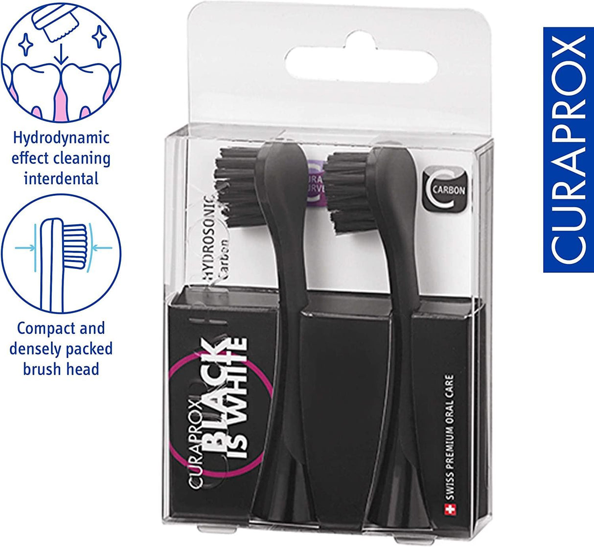 Curaprox Black is White Hydrosonic Replacement Toothbrush Head - Charcoal - 2 Pieces