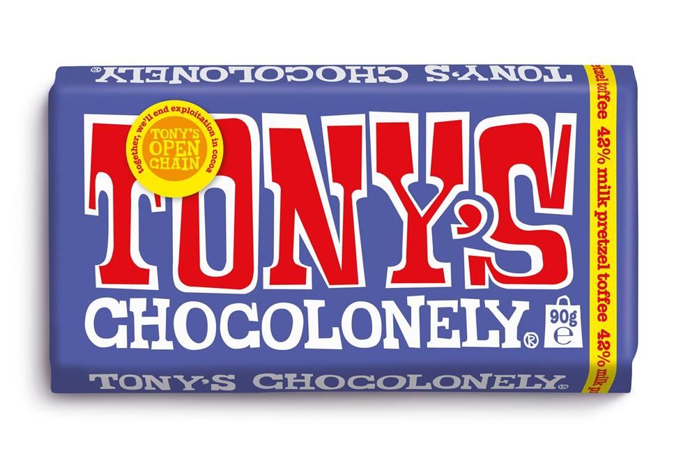Tonys Chocolonely 42% Milk Pretzel Toffee Choc Bar 90g - 21 Pack