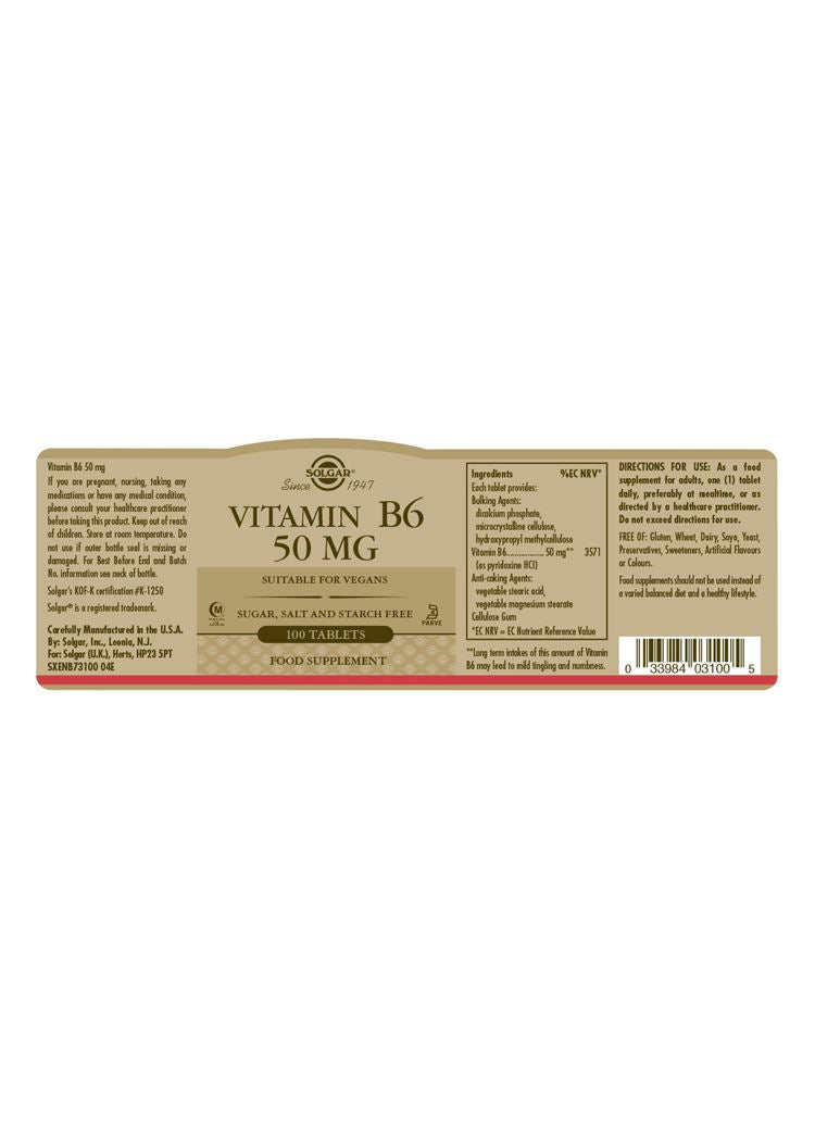 Solgar Vitamin B6 50 mg - 100 Tablets