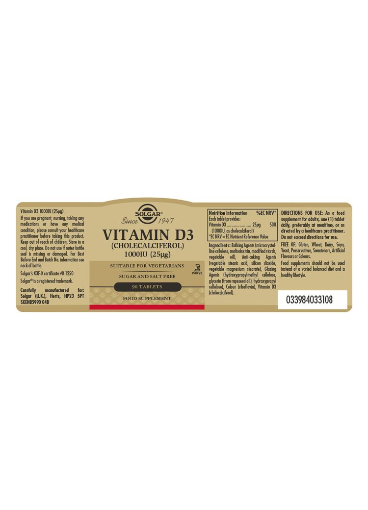 Solgar Vitamin D3 (Cholecalciferol) 1000 IU (25 µg) - 90 Tablets