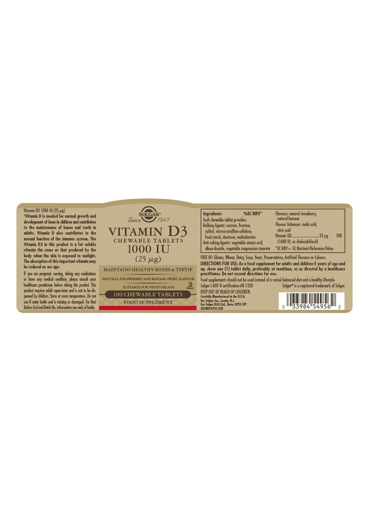 Solgar Vitamin D3 1000 IU (25 µg) Chewable - 100 Tablets