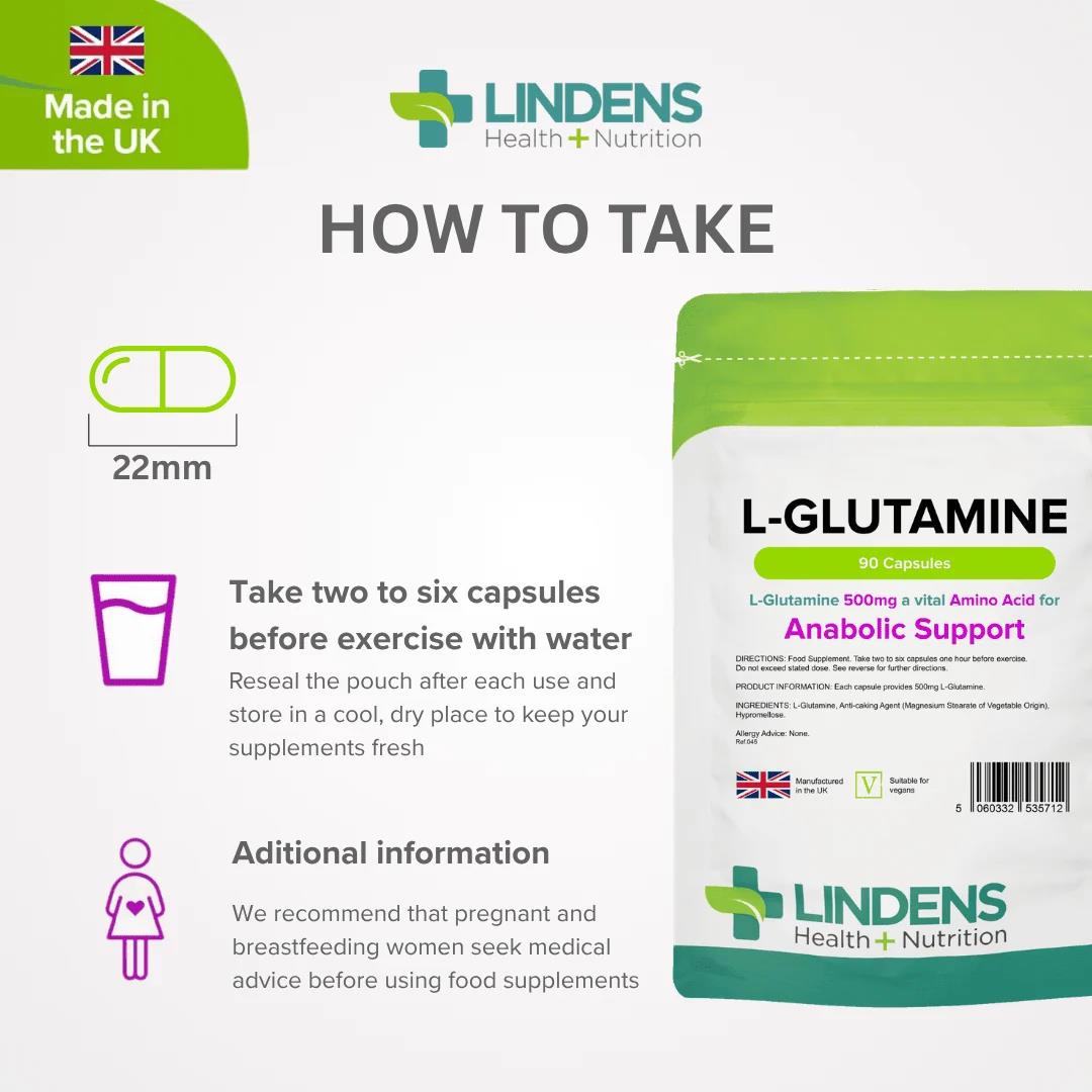 Lindens L-Glutamine 500mg - 90 Capsules - image 4