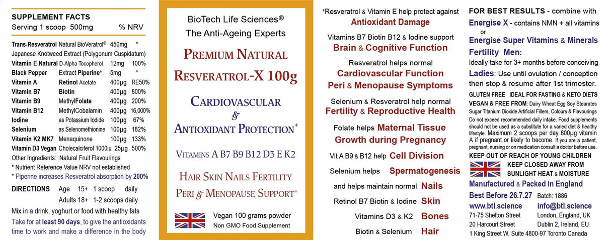 Resveratrol-X + Vit A B7 B9 B12 D3 E K2 Iodine & Selenium 100g