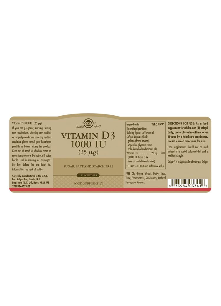 Solgar Vitamin D3 1000 IU (25 µg) - 250 Softgels