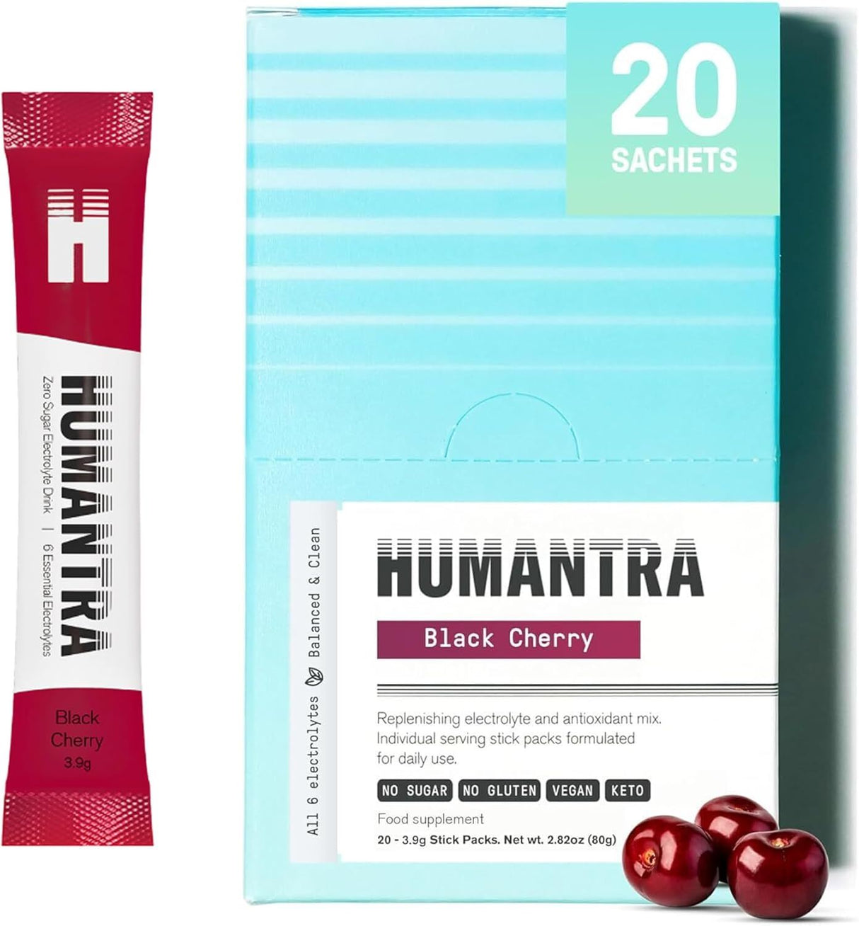 Humantra Electrolyte Powder Black Cherry 20 Sachets - Hydration Drink Mix with 6 Electrolytes, Vegan, Sugar Free, Gluten Free