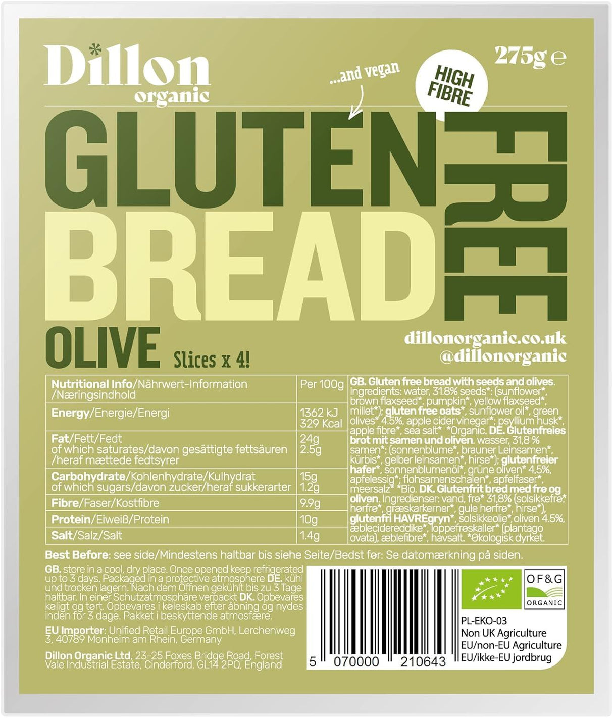 Dillon Organic Gluten Free Olive Bread 275g