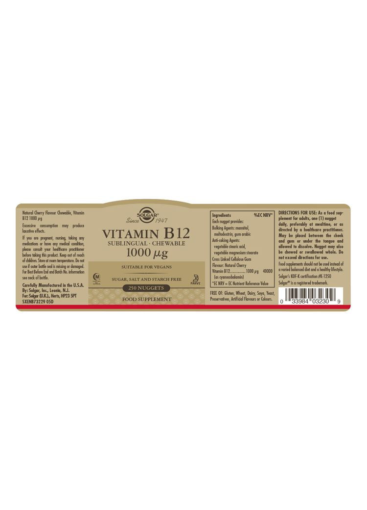 Solgar Vitamin B12 1000 µg Sublingual - 250 Chewable Nuggets