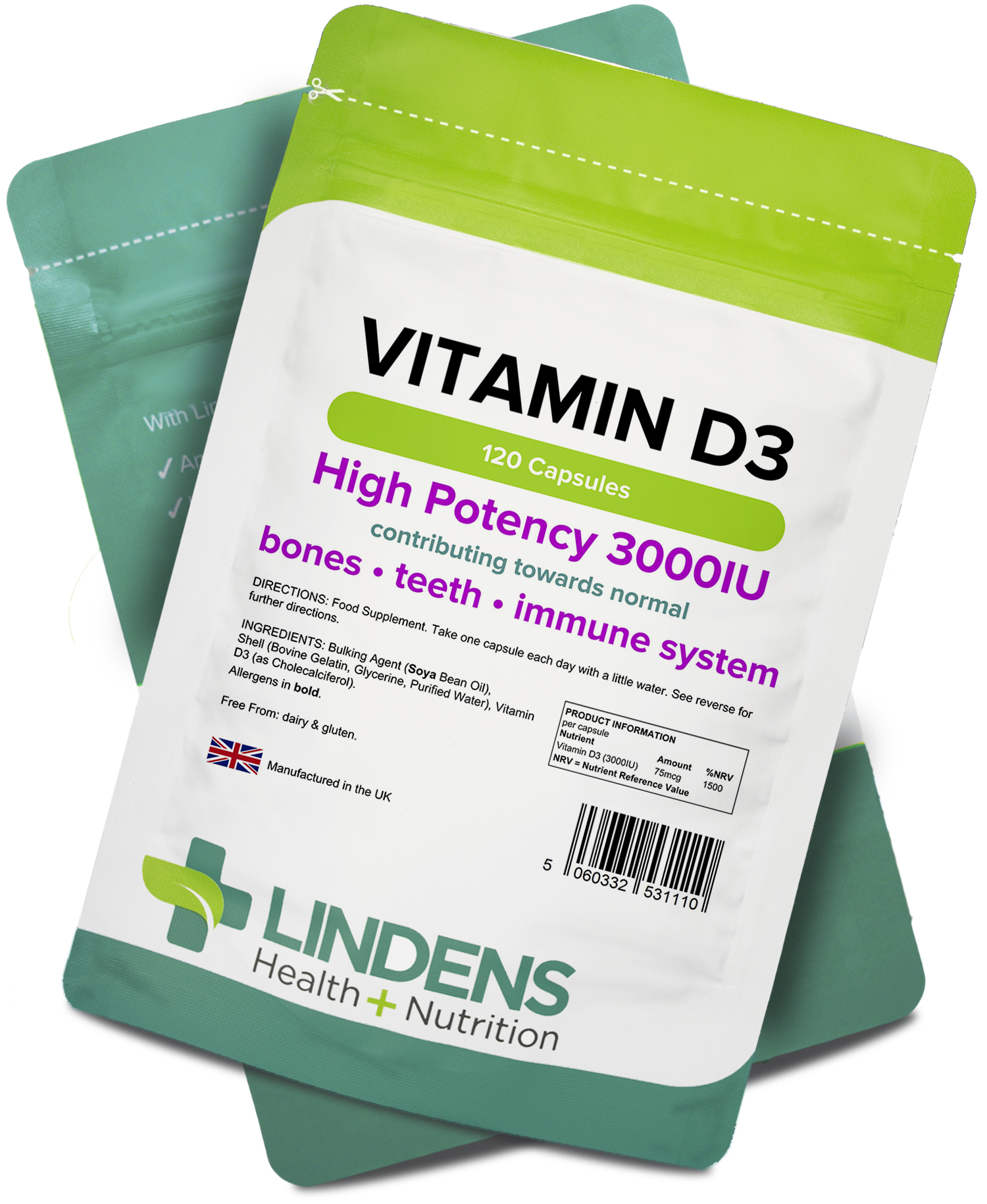 Vitamin D3 D 3000IU High Strength 120 Capsules Lindens UK 